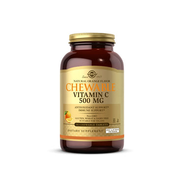 A bottle of Solgar Vitamin C 500 mg chewable tablets orange flavor.